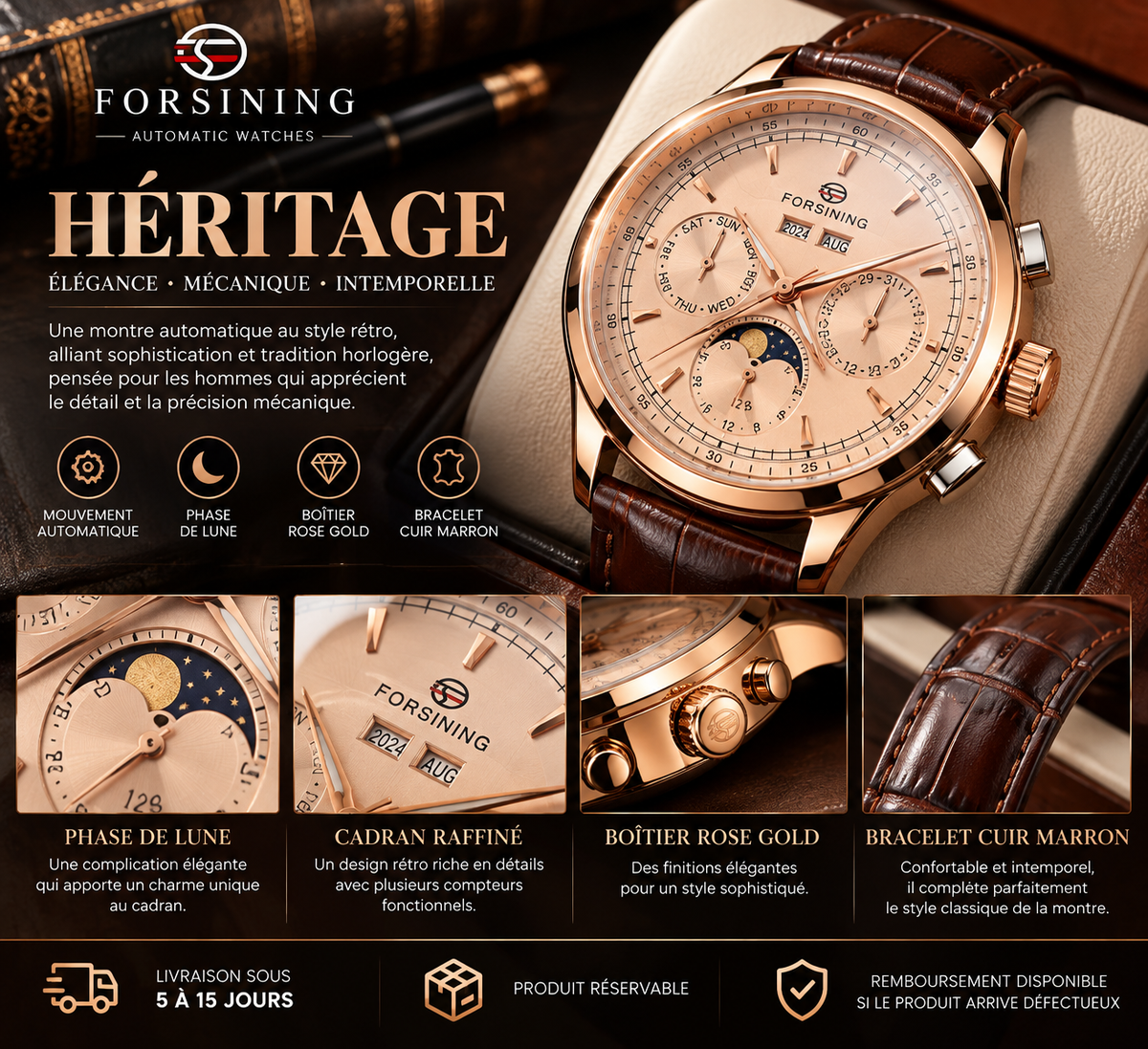 Forsining Héritage – Montre Homme Automatique Moon Phase, Boîtier Rose Gold & Bracelet Cuir Marron