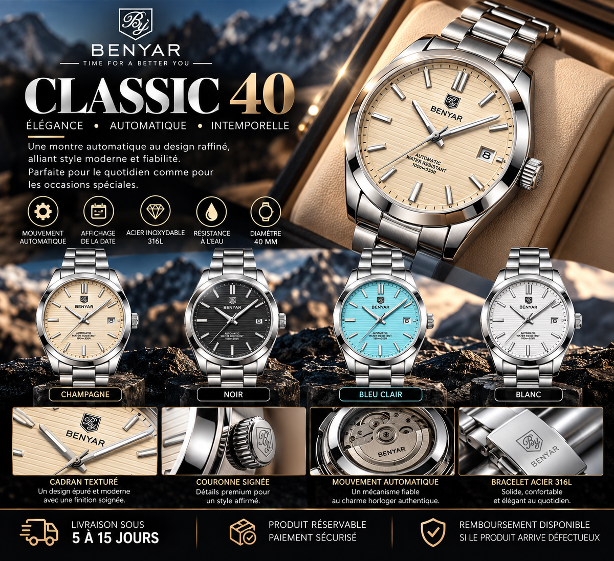 BENYAR Classic 40 – Montre Homme Automatique 40 mm, Acier 316L & Calendrier