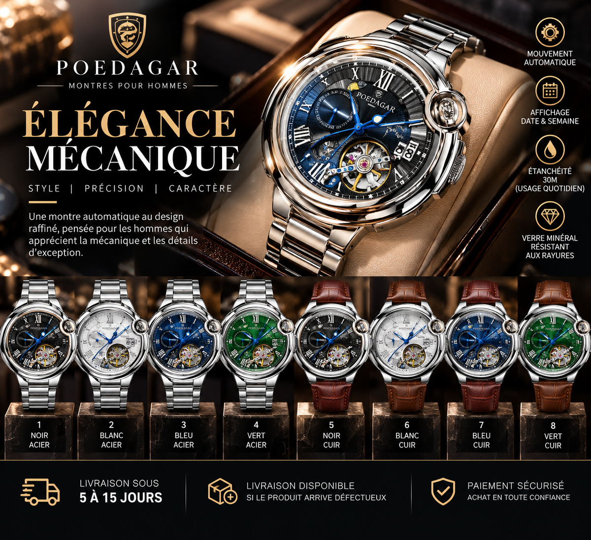 POEDAGAR Élite Mécanique – Montre Homme Automatique Acier & Cuir