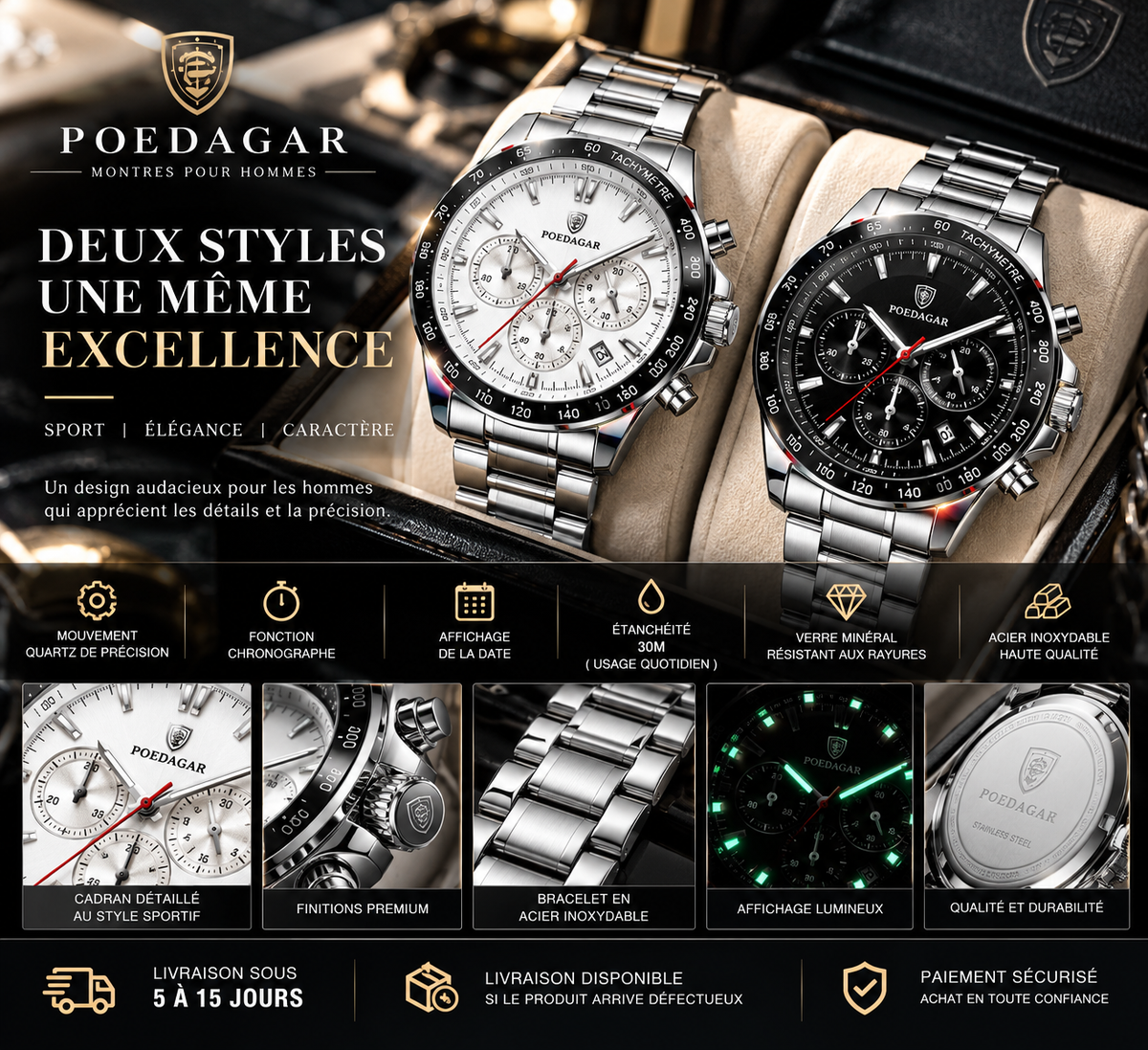 Montre homme - signature luxe poedagar - Acier & Cadran Sport