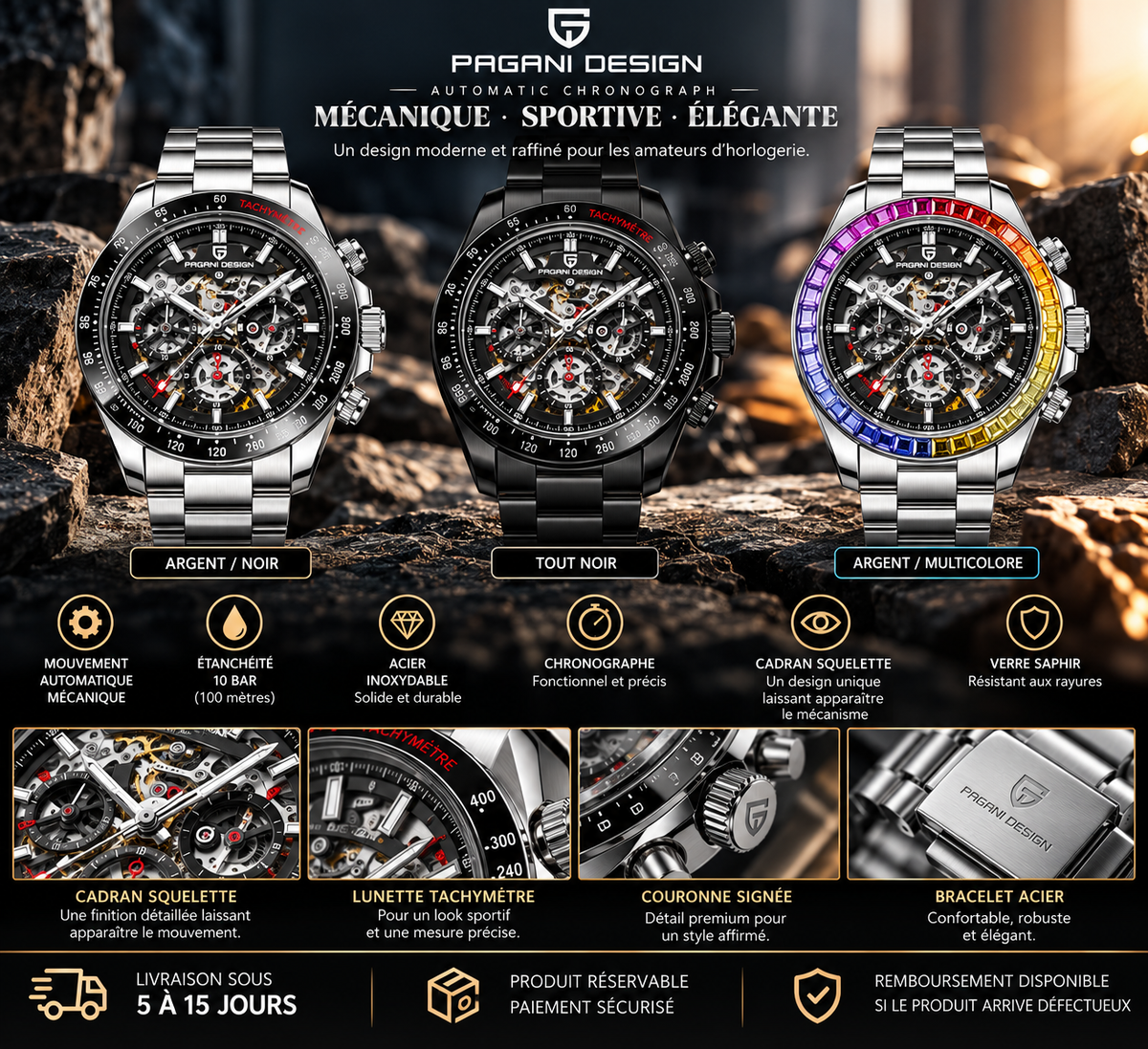 PAGANI DESIGN Automatique Sport – Montre Homme Mécanique, Acier Inoxydable & Cadran Chronographe