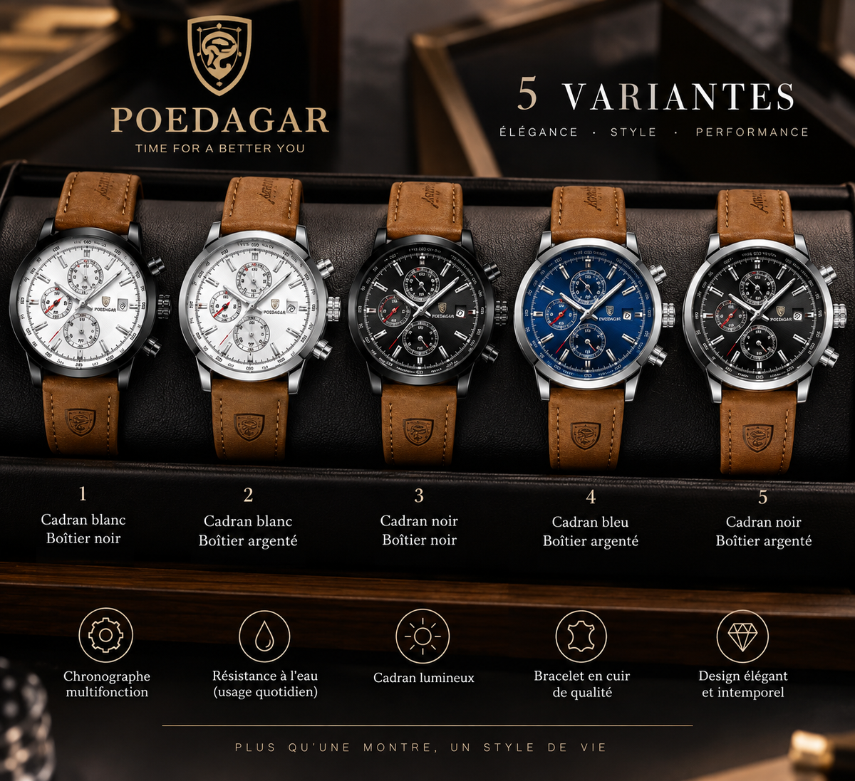 Montre Homme POEDAGAR Élégance Chronographe – Cadran Lumineux & Bracelet en Cuir