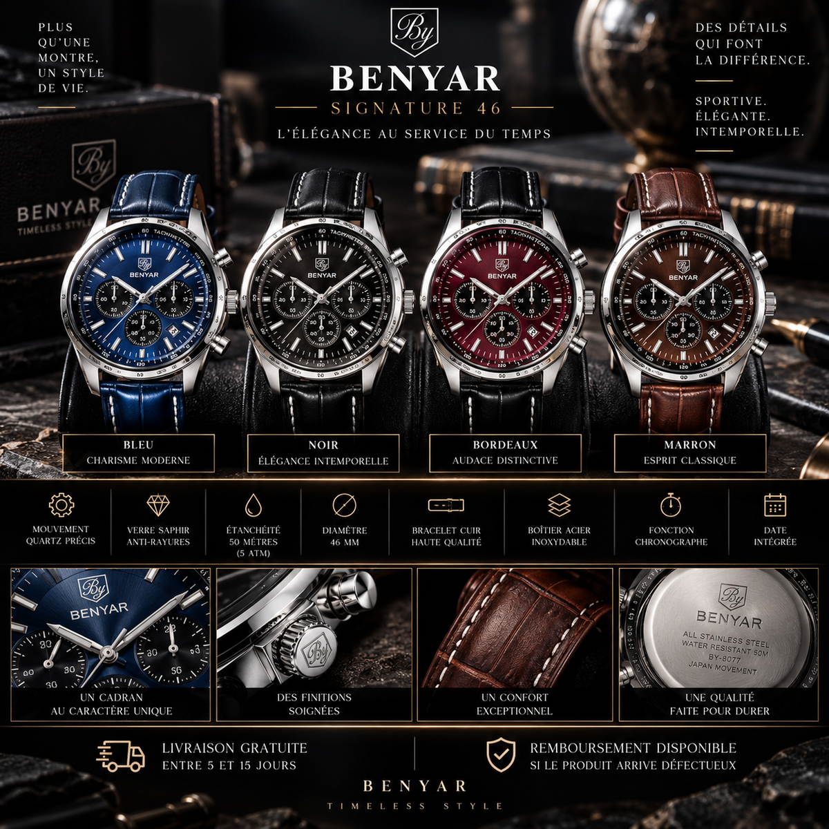 BENYAR Signature 46 — Chronographe Homme en Acier & Verre Saphir