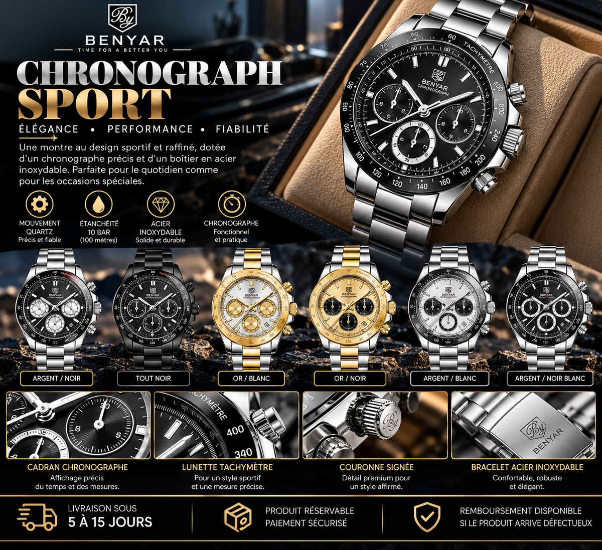 BENYAR Chronographe Sport – Montre Homme Quartz, Acier Inoxydable & Cadran Multifonction
