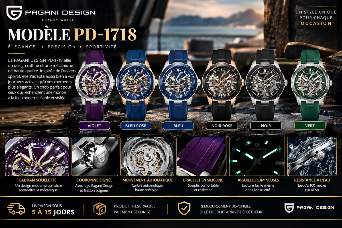 PAGANI DESIGN PD-1718 – Montre Homme Automatique Squelette, Verre Saphir & Acier Inoxydable