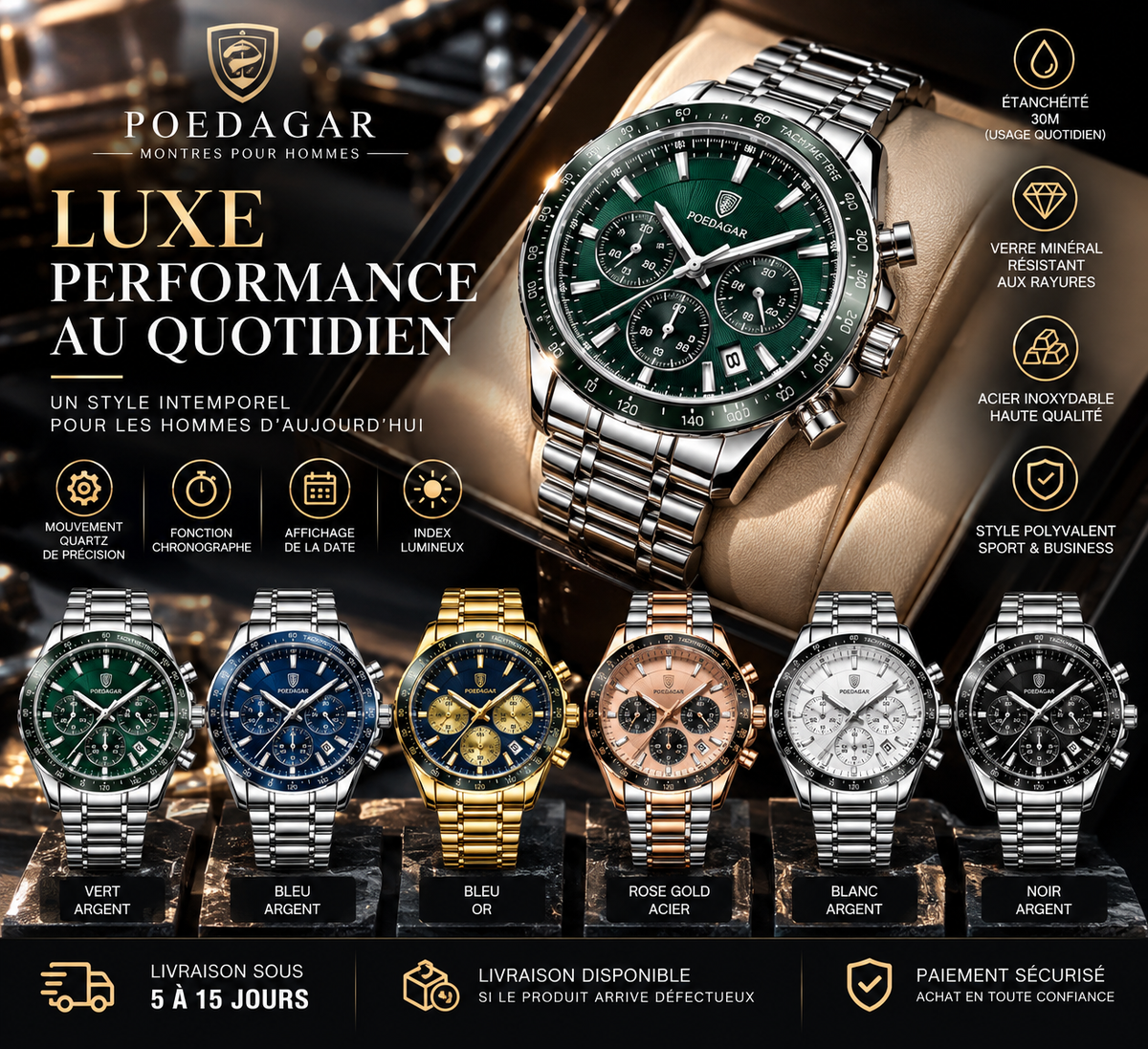 POEDAGAR Élite Chrono – Montre Homme Acier Luxe & Business