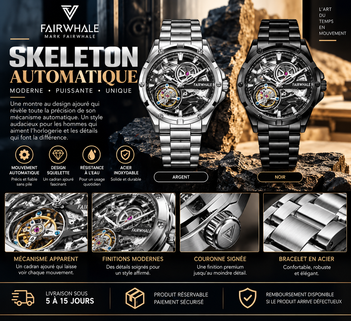 Mark Fairwhale Skeleton – Montre Homme Automatique, Cadran Squelette & Bracelet Acier