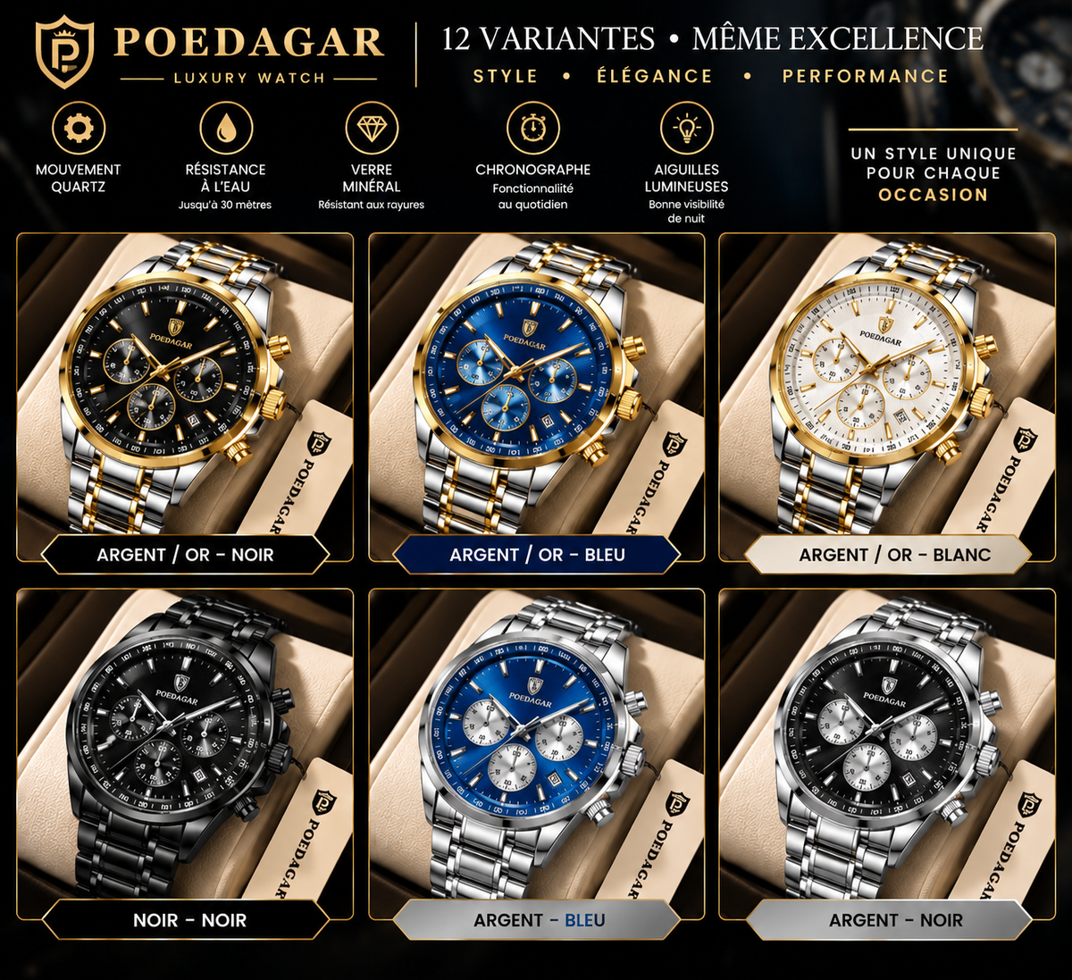 POEDAGAR Original Military – Montre Homme Quartz Chronographe, Acier Inoxydable & Cadran Luminescent