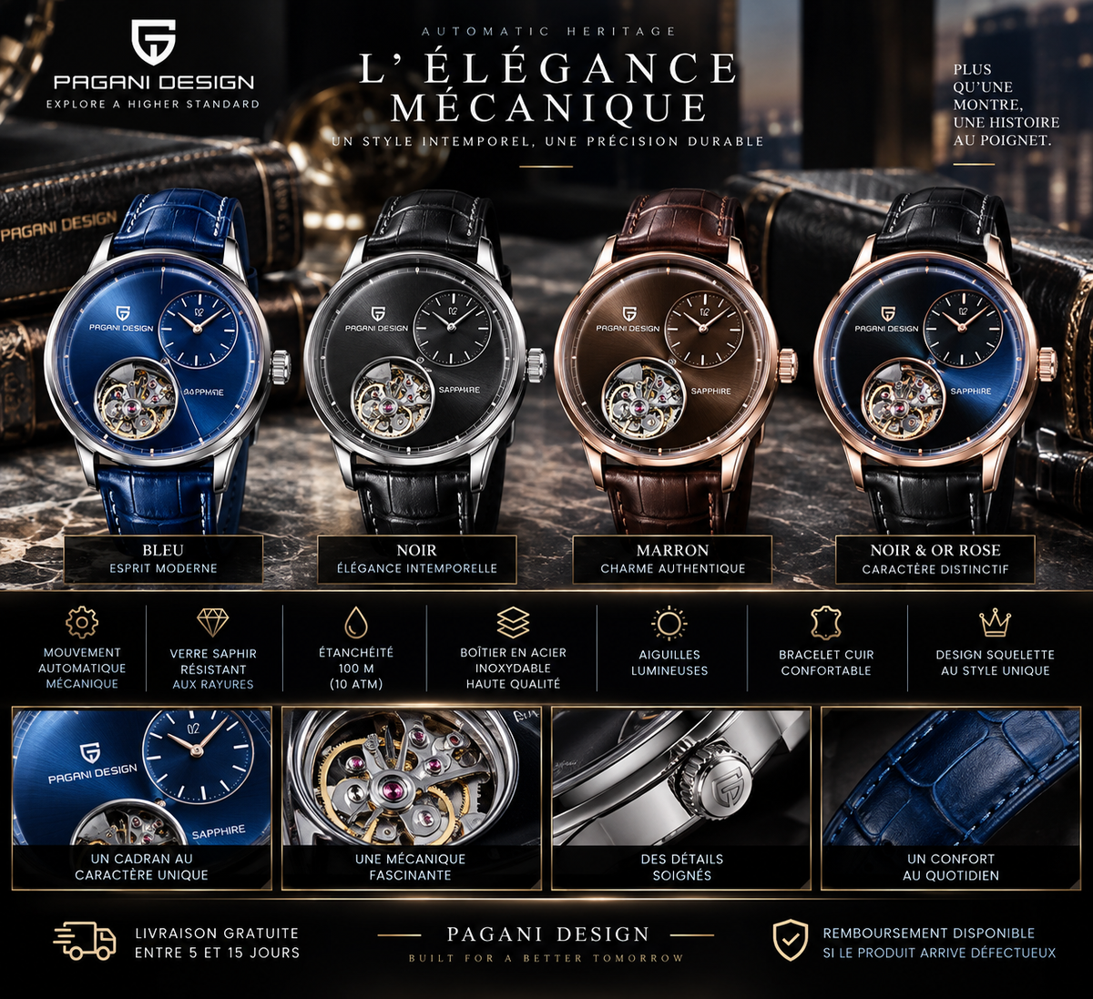 Montre Pagani Tourbillon Héritage — Montre Automatique Squelette Homme