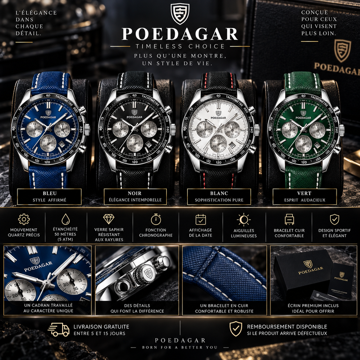 POEDAGAR Signature 46 — Montre Homme Chronographe & Élégance