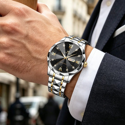 Montre Homme Élite — Design Diamant, Quartz & Acier Inoxydable