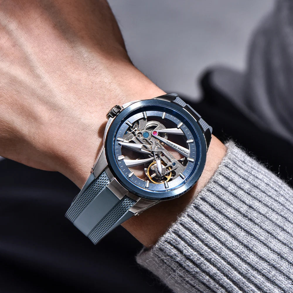 PAGANI DESIGN PD-1718 – Montre Homme Automatique Squelette, Verre Saphir & Acier Inoxydable