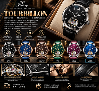 DULUNQ Tourbillon Élégance – Montre Homme Automatique Mécanique, Cadran Squelette & Bracelet Cuir