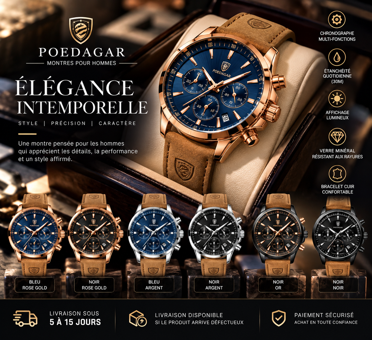 POEDAGAR Héritage Chrono – Montre Homme Cuir & Élégance