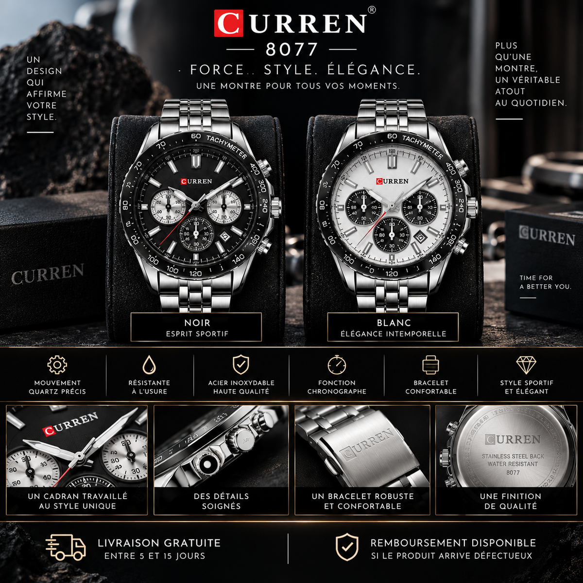 ⌚ CURREN 8077 — Chronographe Homme, Acier & Esprit Sportif