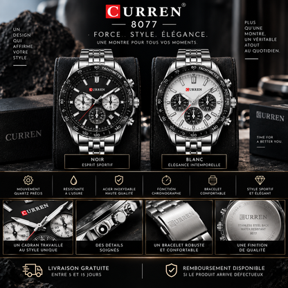 ⌚ CURREN 8077 — Chronographe Homme, Acier & Esprit Sportif