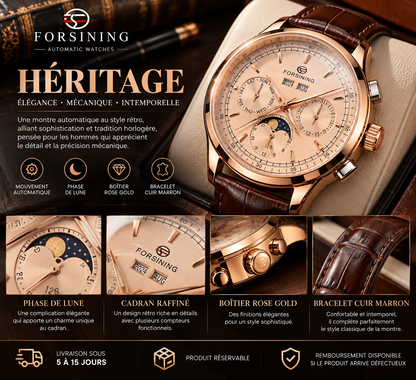 Forsining Héritage – Montre Homme Automatique Moon Phase, Boîtier Rose Gold & Bracelet Cuir Marron