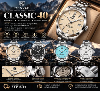 BENYAR Classic 40 – Montre Homme Automatique 40 mm, Acier 316L & Calendrier