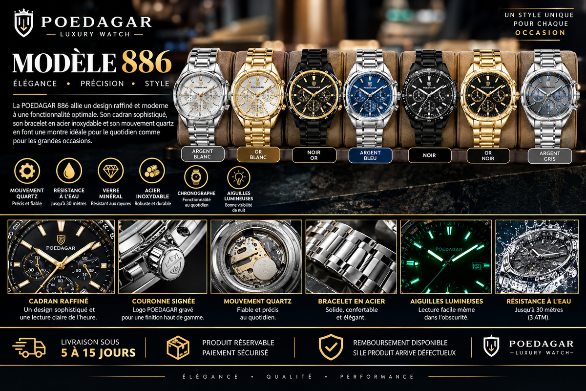 POEDAGAR Original Military – Montre Homme Quartz Chronographe, Acier Inoxydable & Cadran Verre