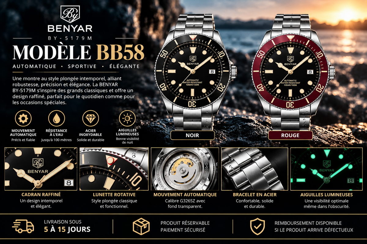 BENYAR BY-5179M BB58 – Montre Homme Automatique, Acier Inoxydable & Lunette Rotative