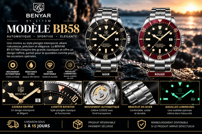 BENYAR BY-5179M BB58 – Montre Homme Automatique, Acier Inoxydable & Lunette Rotative