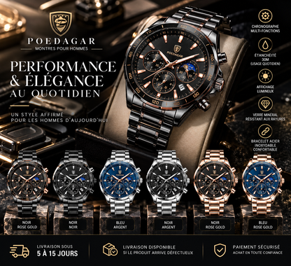 POEDAGAR Prestige Chrono – Montre Homme Acier Sport & Business