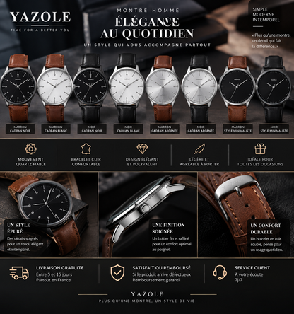 YAZOLE — Montre Homme Élégance Intemporelle & Bracelet Cuir