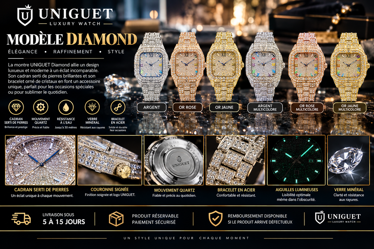UNIGUET Diamond – Montre Homme Quartz Luxe, Cadran Sertie de Cristaux & Bracelet Acier