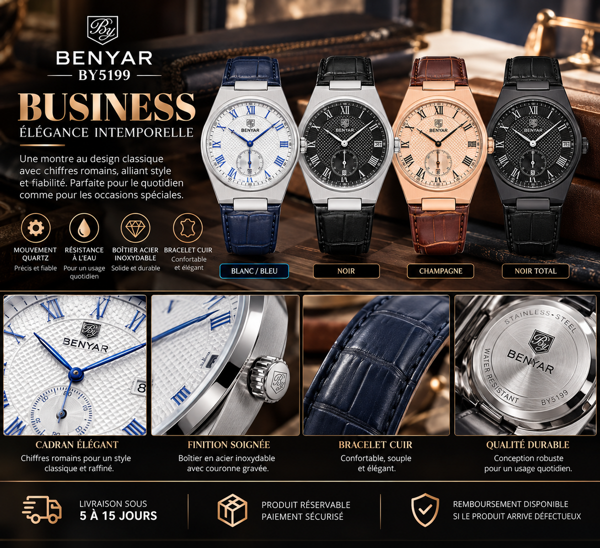 BENYAR BY5199 Business – Montre Homme Quartz à Chiffres Romains, Bracelet Cuir & Boîtier Acier