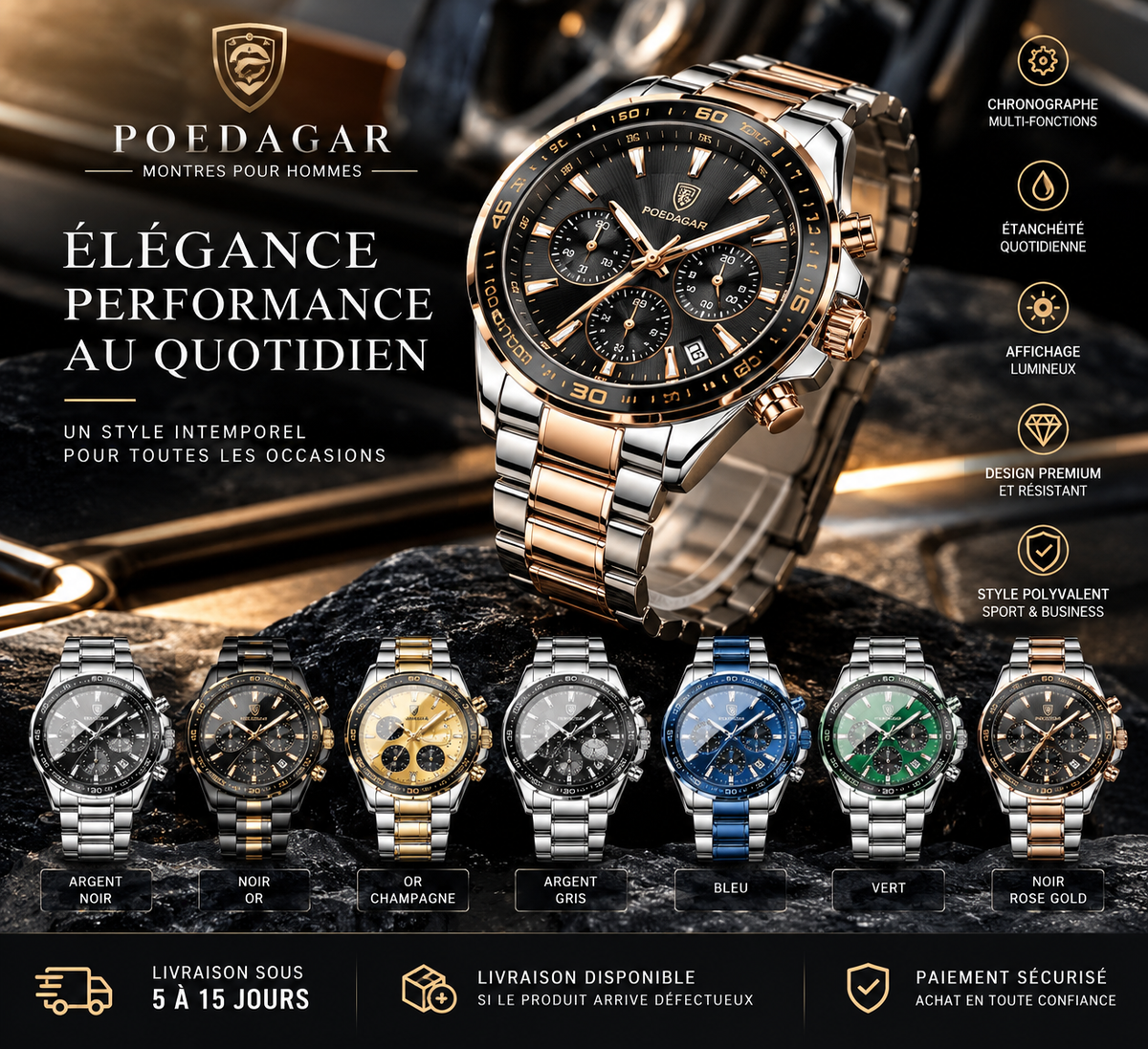 Poedagar Chrono Élégance – Montre Homme Sport & Business