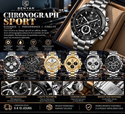 BENYAR Chronographe Sport – Montre Homme Quartz, Acier Inoxydable & Cadran Multifonction
