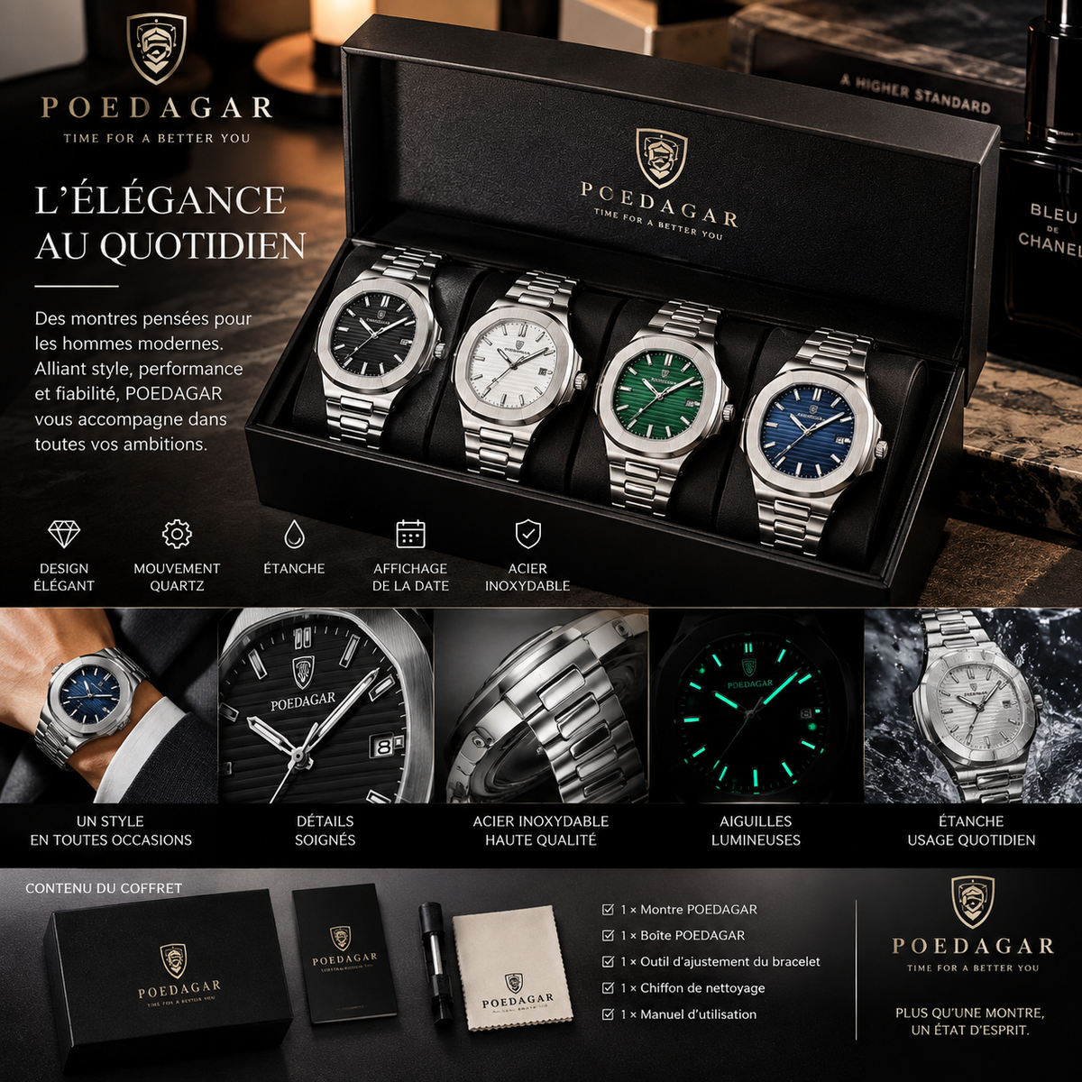 Poedegar Signature — Montre Homme Luxe Acier Inoxydable & Quartz