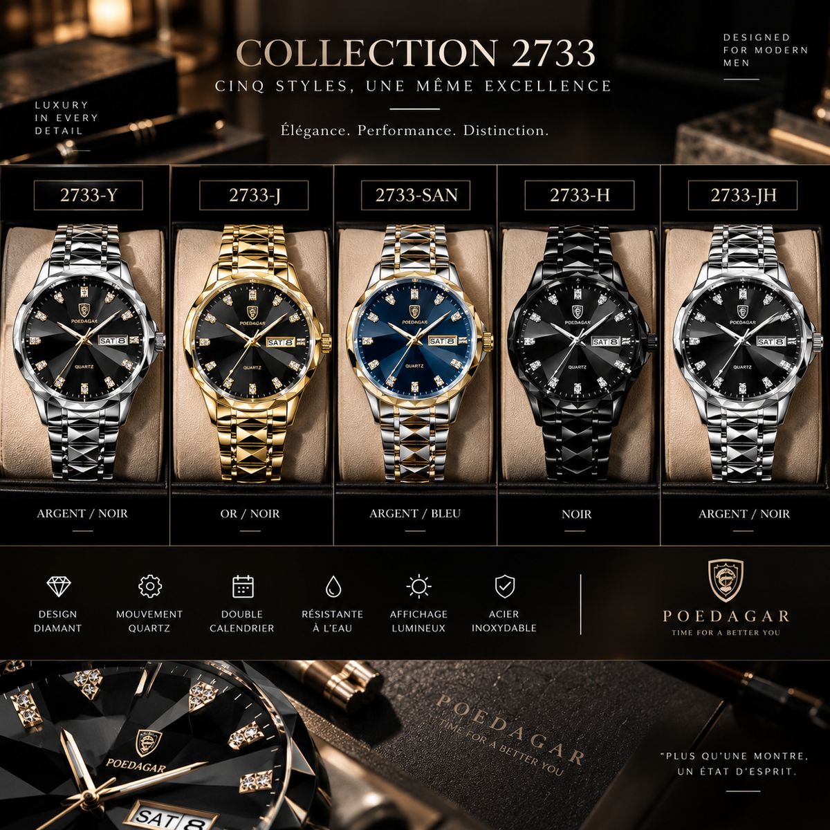 Montre Homme Élite — Design Diamant, Quartz & Acier Inoxydable