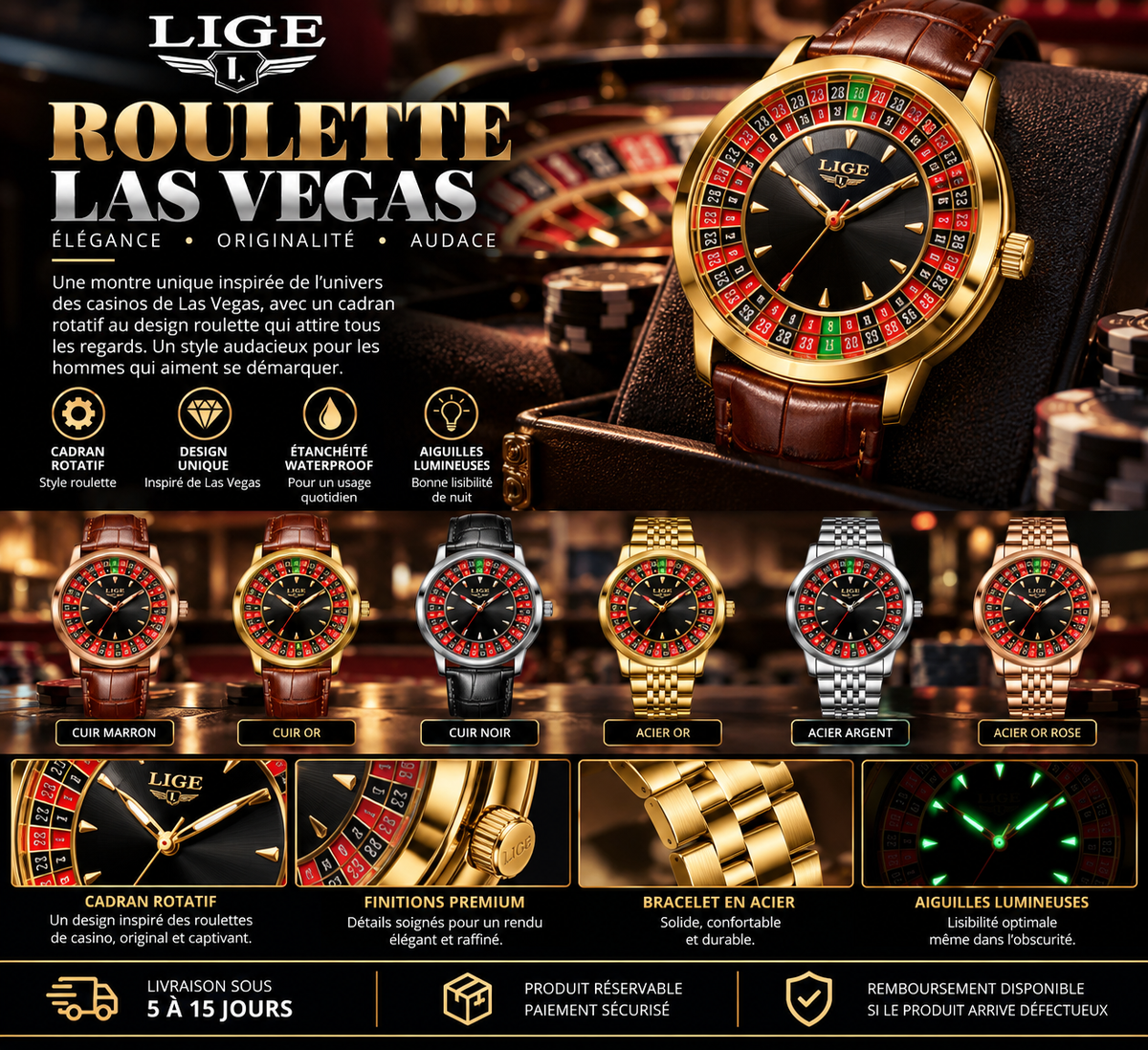LIGE Roulette Las Vegas – Montre Homme à Cadran Rotatif, Design Original & Bracelet Acier ou Cuir