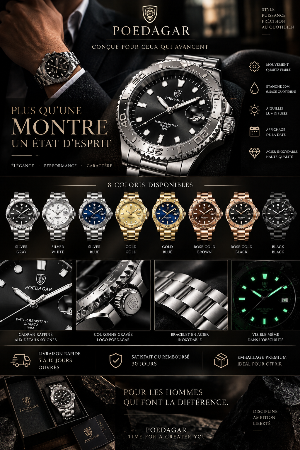POEDAGAR Signature — Montre Homme Acier Inoxydable ⌚ | Élégance & Caractère