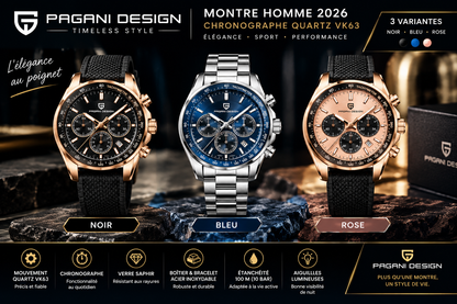 PAGANI DESIGN 2026 – Montre Homme Quartz VK63 Chronographe, Saphir & Acier Inoxydable