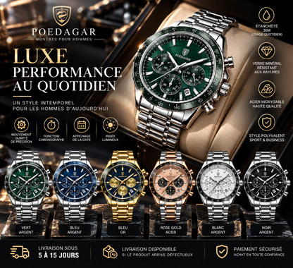 POEDAGAR Élite Chrono – Montre Homme Acier Luxe & Business