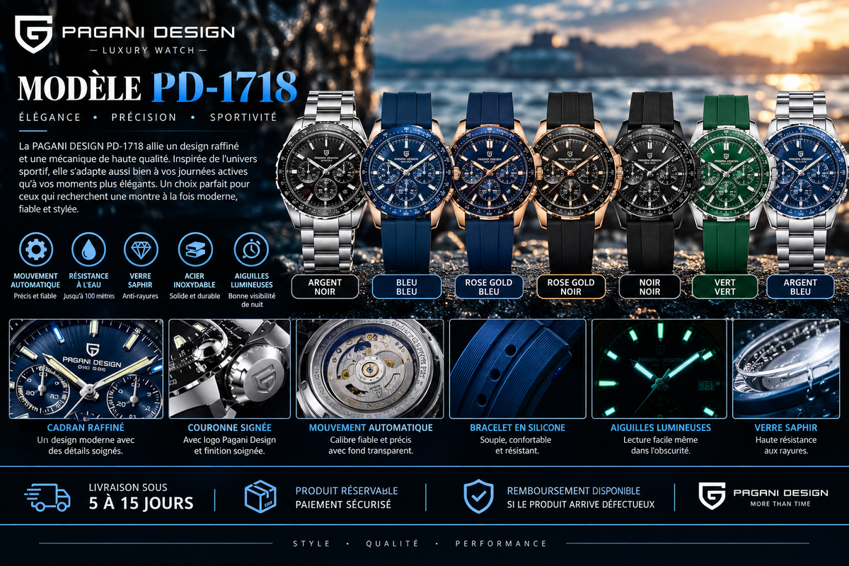 PAGANI DESIGN – Montre Homme Chronographe Quartz, Acier Inoxydable & Bracelet Silicone