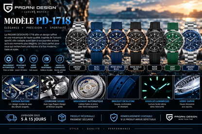 PAGANI DESIGN – Montre Homme Chronographe Quartz, Acier Inoxydable & Bracelet Silicone