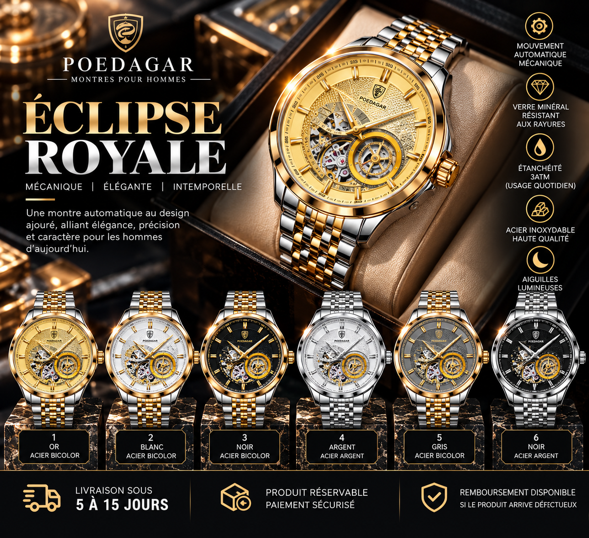 POEDAGAR Éclipse Royale – Montre Automatique Homme à Tourbillon, Acier & Cadran Squelette