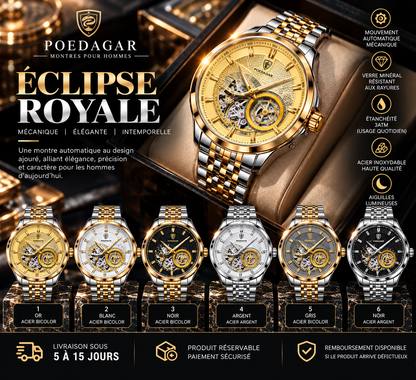 POEDAGAR Éclipse Royale – Montre Automatique Homme à Tourbillon, Acier & Cadran Squelette