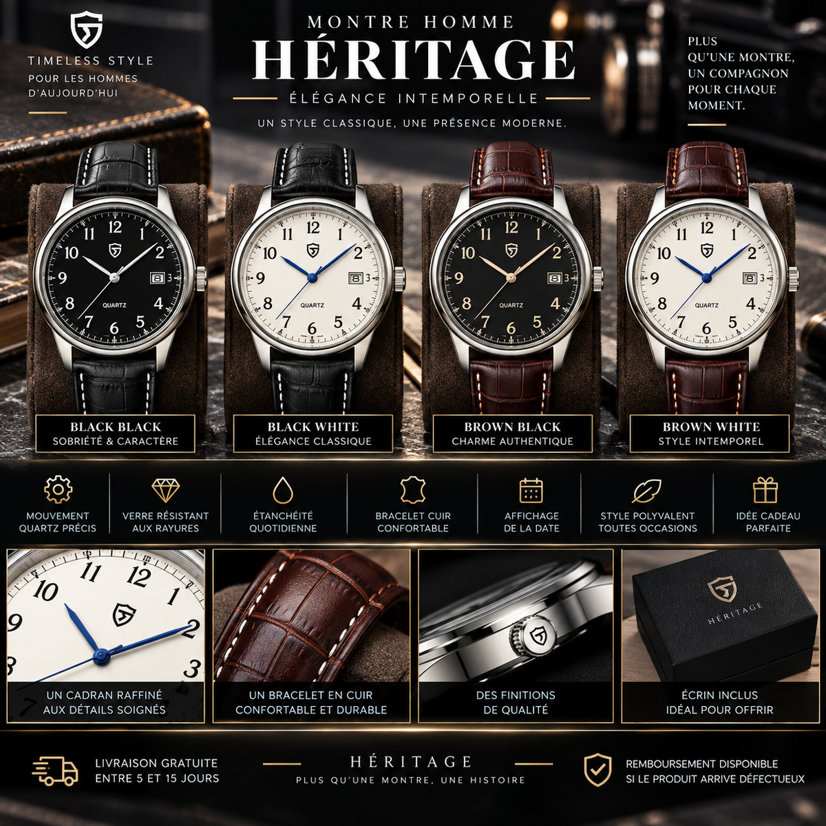 Montre Homme Héritage — Élégance Intemporelle & Bracelet Cuir